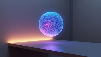 Futuristic Glowing Sphere with Neon Lights in Minimalist Room