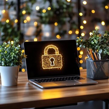 Laptop with digital lock illustration. Data Security Awareness