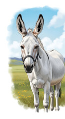 Obraz premium A charming white donkey stands in a picturesque field, its gentle eyes reflecting the serene countryside