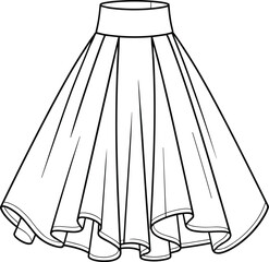 Flared skirt vector illustration, fitted waistband, circular cut, high low hemline, women’s fashion flat sketch, apparel CAD drawing, clothing template, black and white line art