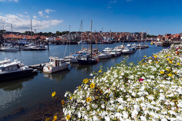 Glorious sunny day at Whitby waterfront in Yorkshire
