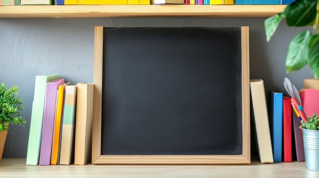 Arrangement of school supplies with blank chalkboard on a wooden shelf, set on a desktop in a classroom