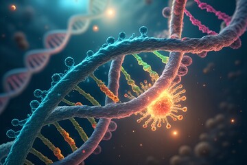A close up of a dna strand with a virus cell attached to it in a dark blue and teal background