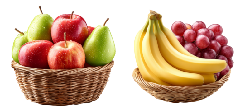 Fresh Fruits in Baskets with Isolated Transparent Background