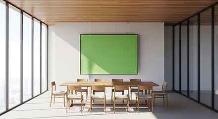 Modern Dining Area with Large Windows and Green Display