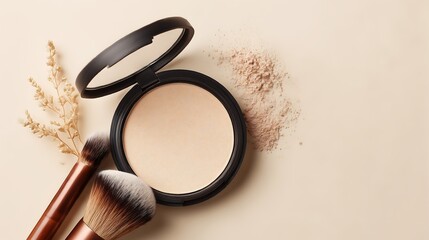 Beauty Ritual: Cosmetics and brushes arranged with a powder compact to elevate beauty rituals with refined makeup tools, creating an attractive visage and promoting skin health.