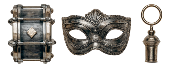 Vintage Silver Drum, Mask, and Key on Transparent Background