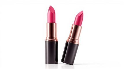 Obraz premium Pink Lipstick Tubes with Rose Gold Accents isolated on White Background