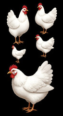 Fototapeta premium A group of white chickens with red combs and wattles isolated on black background