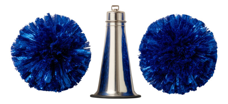 Blue Pom Poms and Silver Cheerleading Megaphone on Transparent Background