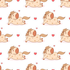 Obraz premium Seamless pattern with Cute Playful Horse with Heart. Funny Cartoon Animal Pony