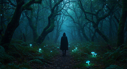 Mysterious figure walks through enchanted forest with glowing mushrooms