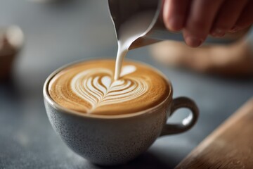Pouring Milk Into Latte Art: Close-Up of Exquisite Coffee Creation