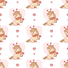 Seamless Valentine pattern. Romantic Cute Horse with Hearts. Holiday Cartoon Animal Pony Kawaii
