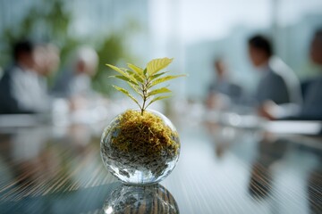 Sprout In Globe With Business Meeting In The Background