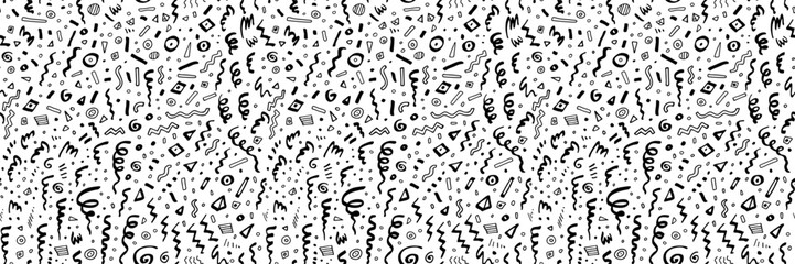 Confetti doodle party seamless pattern. Happy birthday celebration. Fun vector texture carnival background. Hand-drawn sketch festive ribbon elements. Kids Christmas doodle exploding party popper bg
