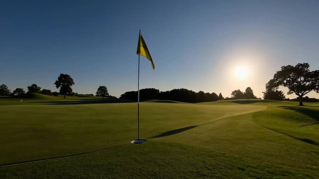 Golf Course Putting Green with Flagstick and Shadow