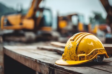 Yellow safety helmet on wooden plank at construction site with excavators.