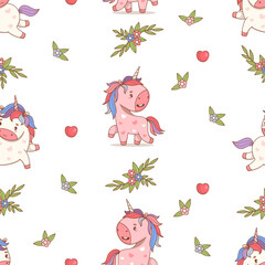 Seamless pattern. Cute Unicorn with Multicolored Mane. Funny Romantic Cartoon Little Horse