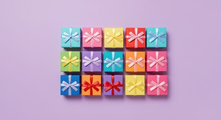 Colorful Gift Boxes Arranged on a Soft Purple Background for Celebrations