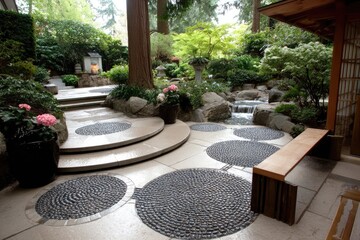 Japanese garden patio with stone paths and water feature