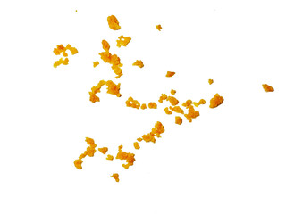 crispy fried flour crumbs flying on an isolated white background, for design, fried chicken. Fried popcorn chicken falling in the air isolated on white background.