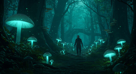 Man walks through enchanted forest with glowing mushrooms