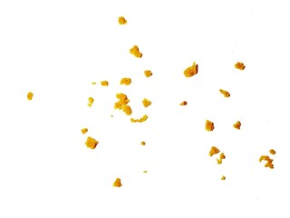 crispy fried flour crumbs flying on an isolated white background, for design, fried chicken. Fried popcorn chicken falling in the air isolated on white background.