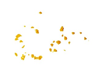 crispy fried flour crumbs flying on an isolated white background, for design, fried chicken. Fried popcorn chicken falling in the air isolated on white background.