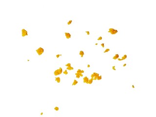 crispy fried flour crumbs flying on an isolated white background, for design, fried chicken. Fried popcorn chicken falling in the air isolated on white background.