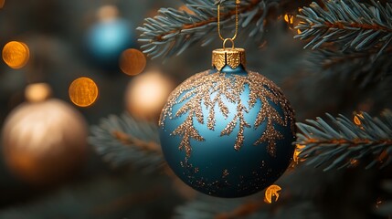 Close up of a teal Christmas ornament with gold glitter on a pine branch blue