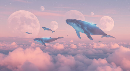Whales soaring through dreamlike clouds under a starry, pink sky
