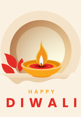 Happy Diwali Poster with Diya Lamp Vector Illustration. Indian festival of lights Design. Suitable for Greeting Card, Banner, Flyer, Template. 