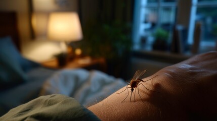 Obraz premium Mosquito encounter at home indoor setting macro photography calm atmosphere close-up view nature's intricacies