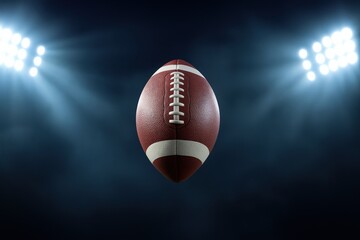 Football floating under stadium spotlights. Perfect for sports journalism, NFL promotions, athletic branding and advertising campaigns