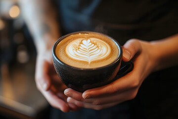 barista hand serving cup of coffee on wooden table, branded cup in focus 
