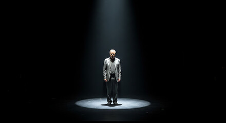 Man stands alone under spotlight on dark stage