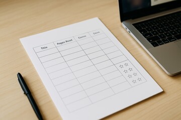 Blank reading tracker sheet with star rating system beside laptop and pen on wooden desk background in natural light concept of reading hobby. Ai generative