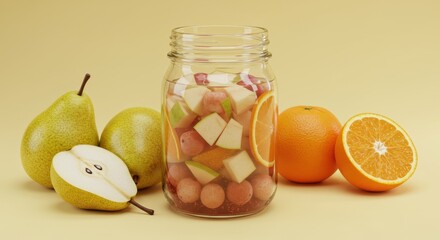 Colorful Fruit Salad in Jar Surrounded by Fresh Pears and Oranges on Yellow Background