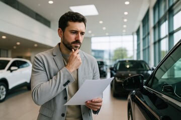 Man contemplates new car purchase in modern showroom, carefully reviewing financing options with thoughtful expression, amidst sleek vehicles.