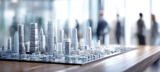 High‑tech cityscape model on office table with blurred businesspeople background, elegant tech theme, clean layout