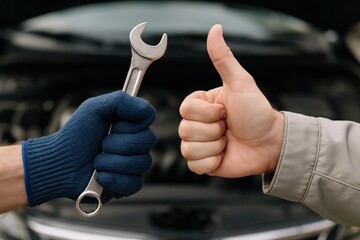 Trustworthy mechanic gives thumbs up, holding a wrench showing dependable auto repair service after vehicle maintenance.