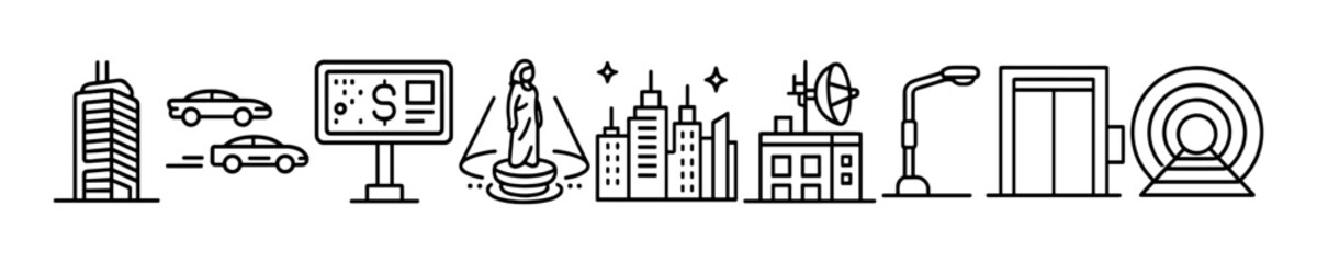 Futuristic City Urban Elements Vector Outline Icon Set