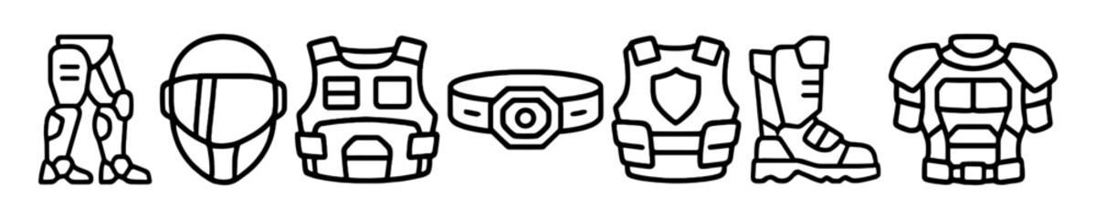 Futuristic Warrior Costume Elements Vector Outline Icon Set