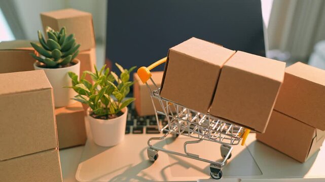 A hand stacking boxes in layers reflects bulk purchasing from e-commerce, emphasizing digital shopping trends, efficient logistics, consumer demand, and online business growth.
