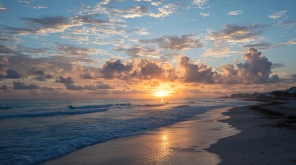 Fototapeta premium Tranquil beach landscape with golden sunrise reflecting on the ocean water