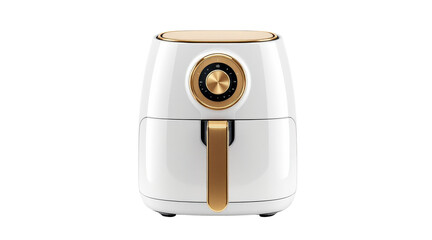 Elegant White and Gold Air Fryer with Rotary Dial Control isolated on White Background