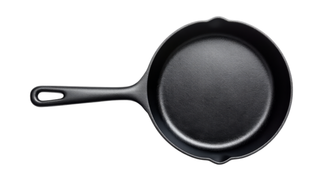 Black Cast Iron Frying Pan with Long Handle on white background