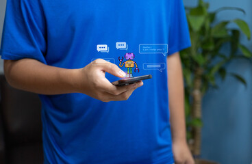 Man standing holding using smartphone for digital chatbot robot application, online message conversation assistant,AI artificial intelligent concepts technology virtual smart agentic