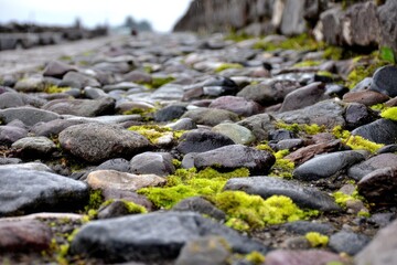 Obraz premium Close-up view of a cobblestone path, stones of various colors and sizes, covered in moss
